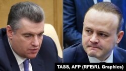 Russia's Central Election Commission has approved Leonid Slutsky (left) and Vladislav Davankov to face incumbent Vladimir Putin in a presidential election in March. (composite file photo)