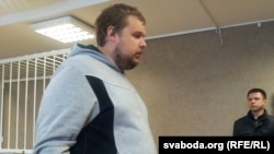 Mikola Dzemidzenka appears in court in Minsk on May 6.