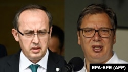 Kosovo Prime Minister Avdullah Hoti (left) and Serbian President Aleksandar Vucic (file photo)