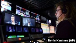 A journalist works in the newsroom of Dozhd TV in Moscow in 2021.
