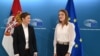 Predsednica Skupštine Srbije Ana Brnabić sa predsednicom Evropskog parlamenta Robertom Mecolom u Briselu, 12. septembar 2025.