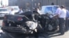Armenia - A crashed car that was chased by police officers investigating a series of robberies in Yerevan, 23Sep2011.