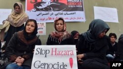 Afghan Shi'ite Muslim Hazara women participate in a hunger strike to protest a bombing in Pakistan targeting Shi'a that killed 89 people in February.