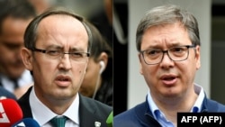 Prime Minister of Kosovo Avdullah Hoti (left) and Serbian President Aleksandar Vucic